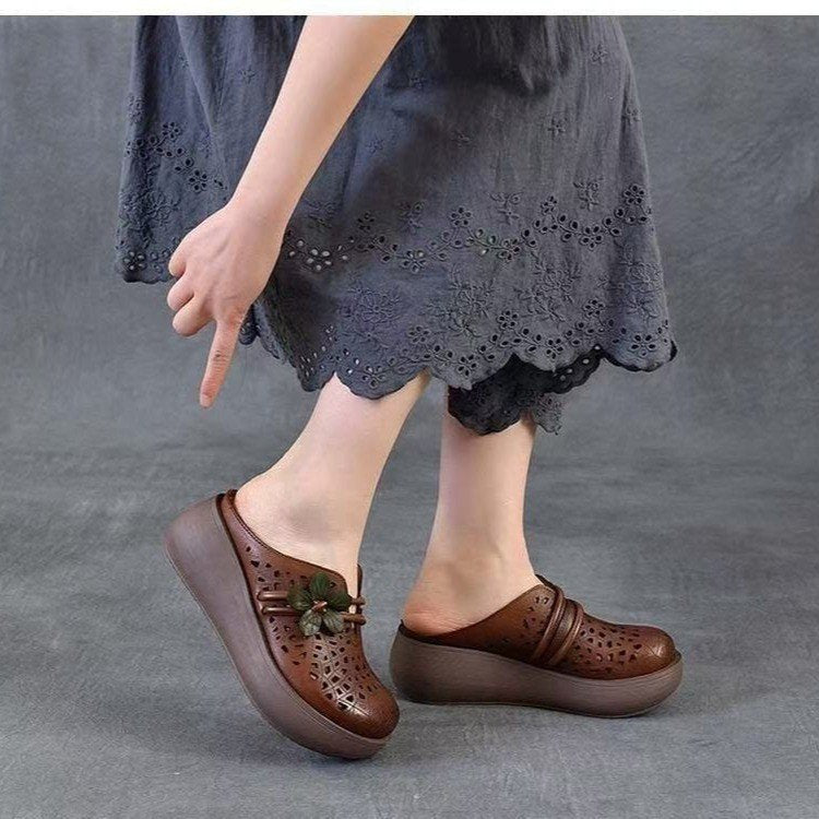 Women's Hollow Leather Wide Toe Box Wedge Sandals