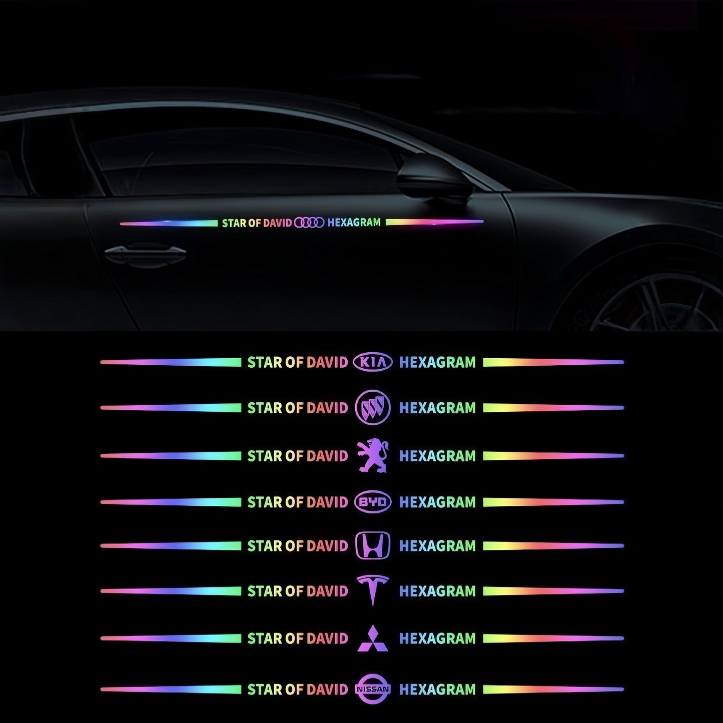 Bunte Auto-Logo-Aufkleber, farbwechselnde Laser-Reflex-Autoaufkleber, personalisierte A-Säulen-, Autotür- und Motorhaubenaufkleber.