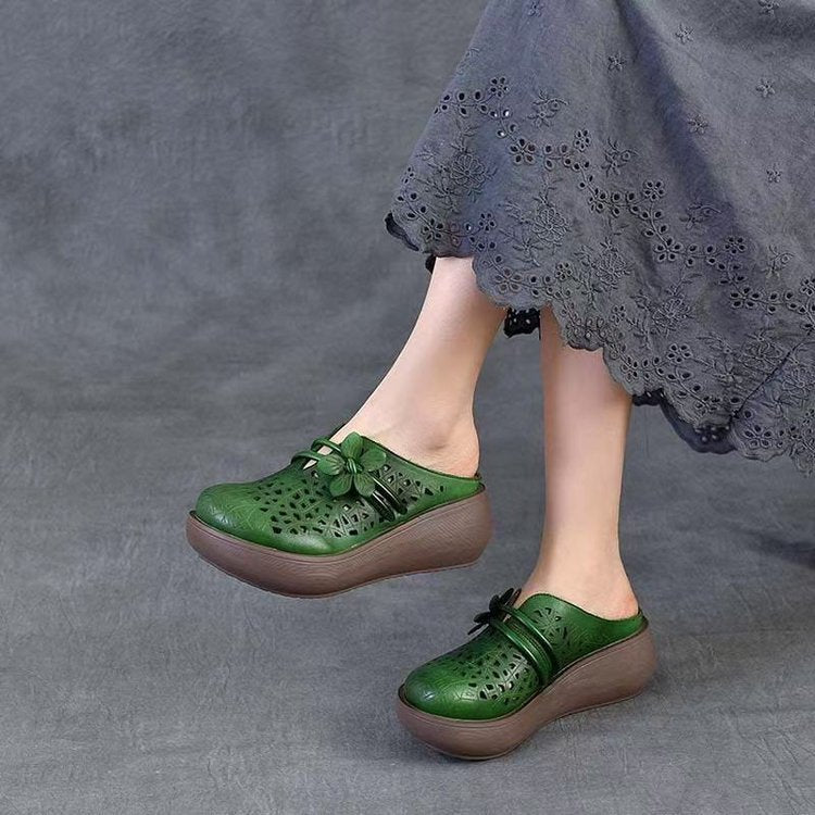 Women's Hollow Leather Wide Toe Box Wedge Sandals